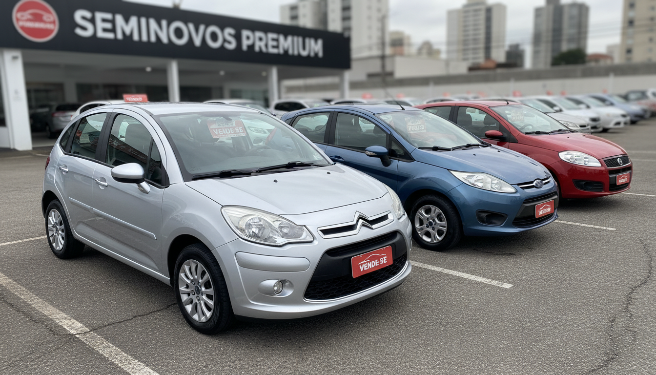 Três carros hatches usados - Citroën C3, Ford Fiesta e Fiat Palio - em um pátio de revenda de seminovos, com destaque para seus bons estados de conservação.