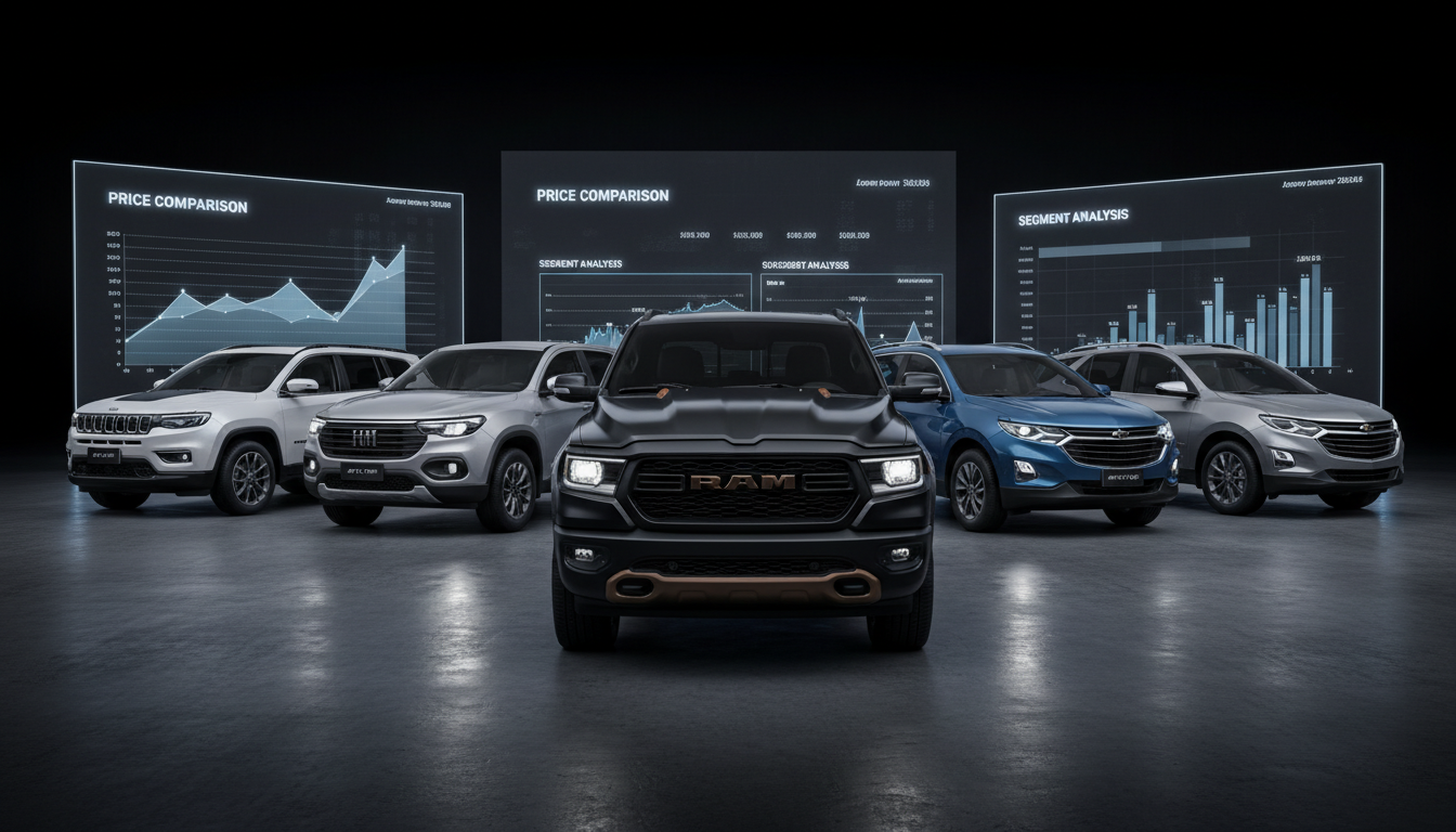 Comparativo de cinco carros com preços próximos à Ram Dakota Warlock 2026