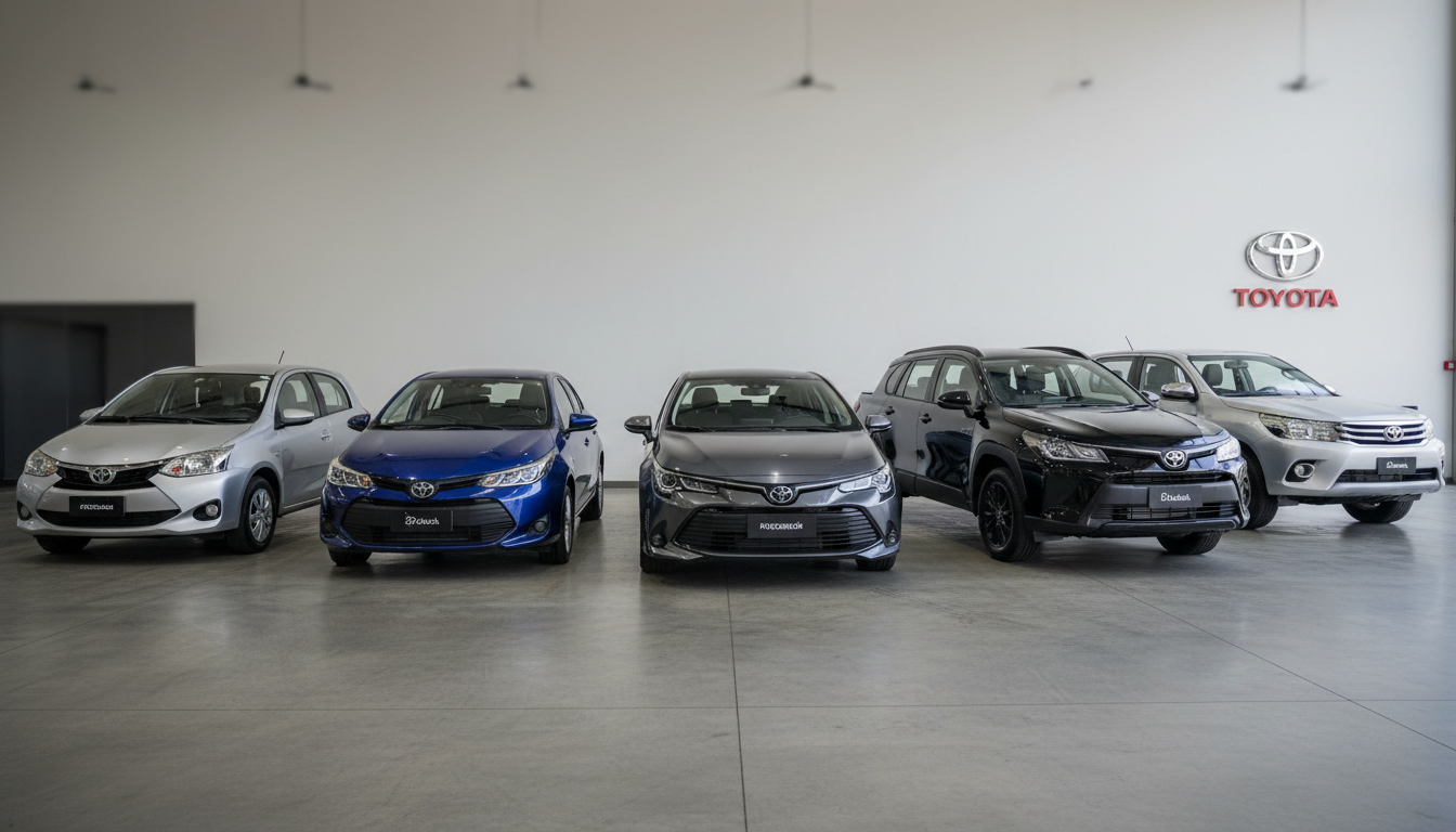 Cinco modelos de carros usados da Toyota expostos em uma concessionária.