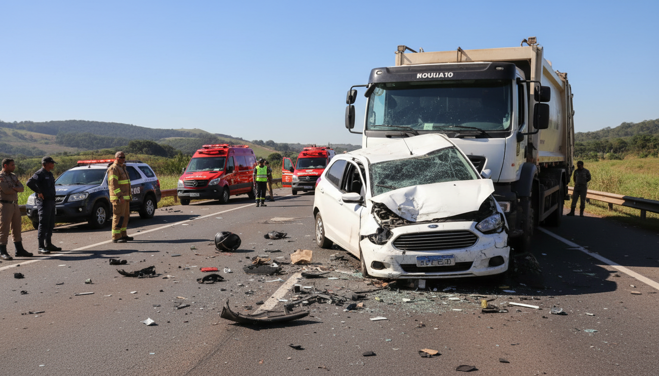 Ford Ka destruído após colisão frontal com caminhão na MG-050 em Itaúna