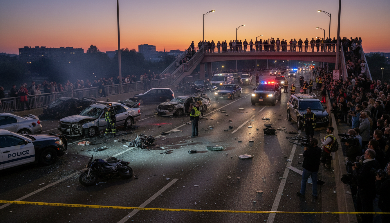 Cena do acidente na Terceira Ponte com veículos danificados e equipes de resgate