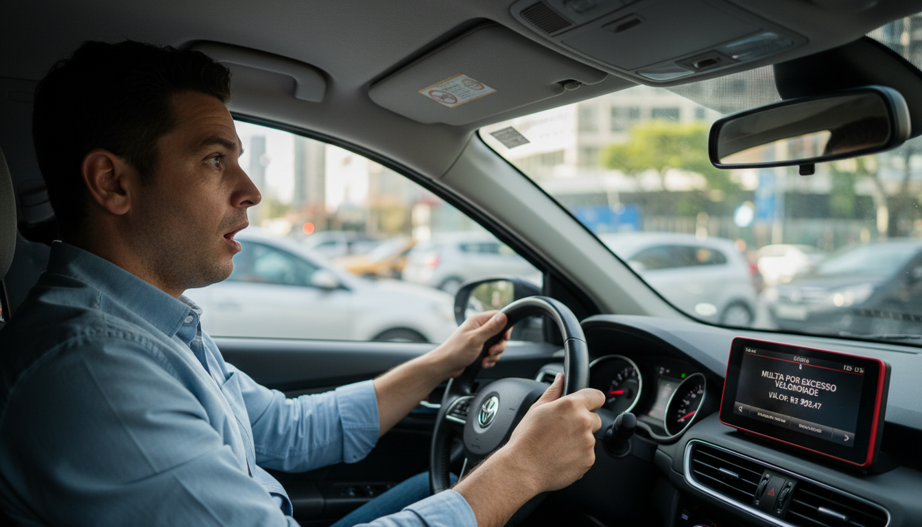Motorista surpreso com notificação de multa de trânsito no painel do carro.