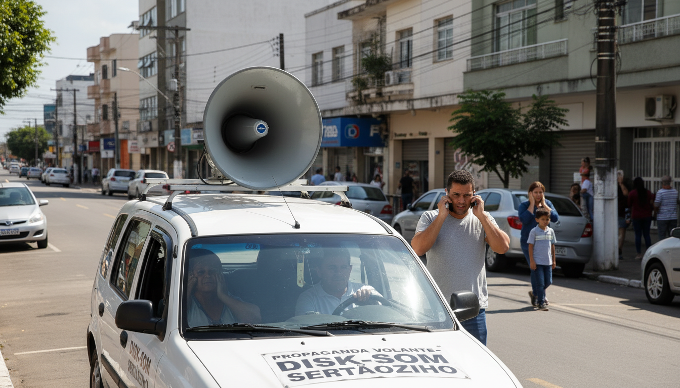 Carro de som com alto-falante em destaque em uma rua de Sertãozinho, refletindo a nova lei contra poluição sonora.