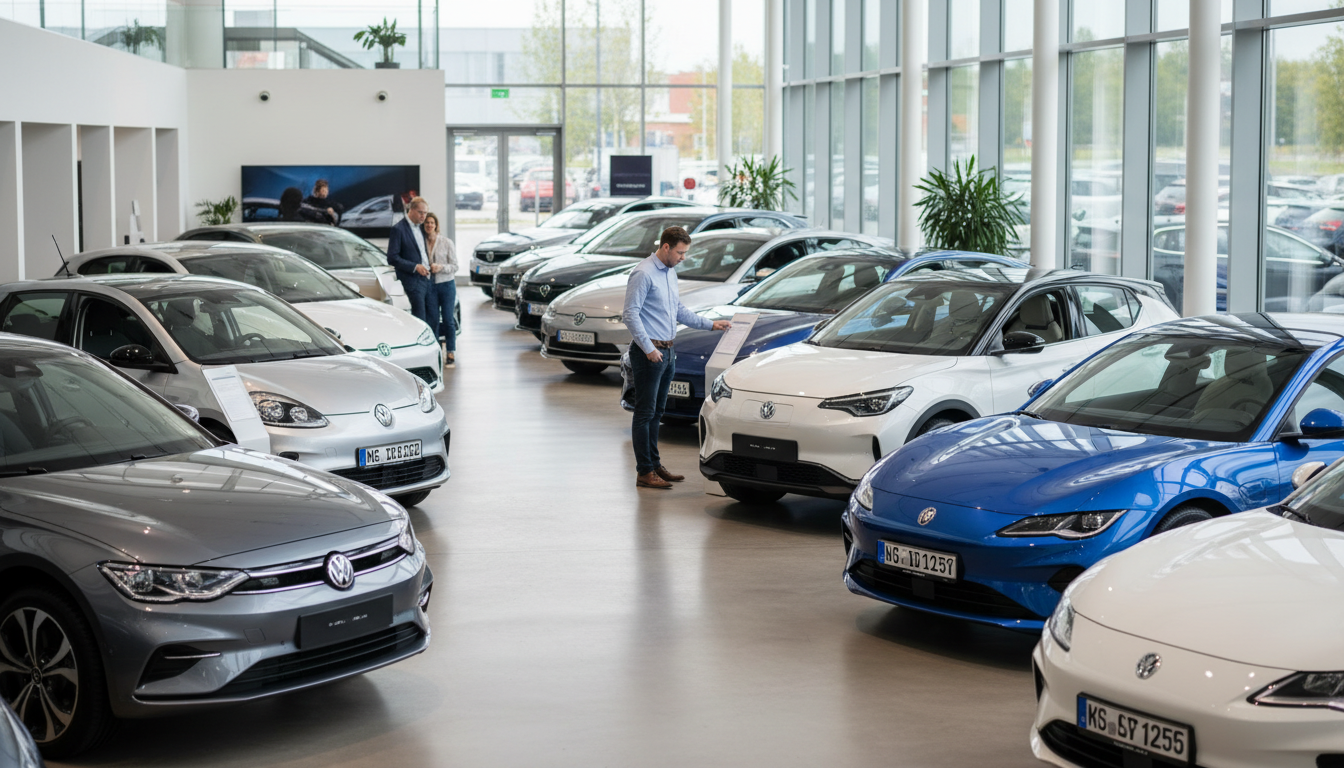 Showroom de carros elétricos na Alemanha com destaque para a diversidade de marcas