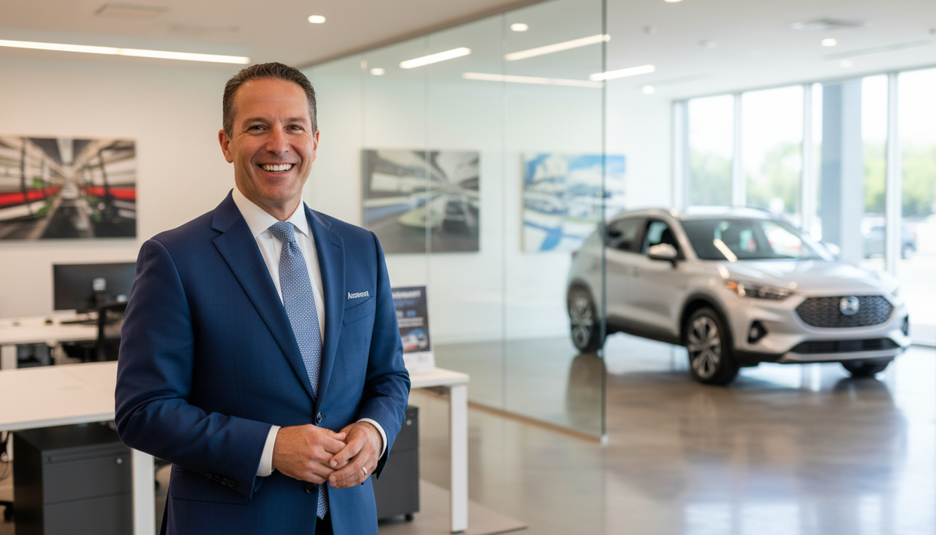 Executivo da Assurant em ambiente de escritório com carro seminovo ao fundo