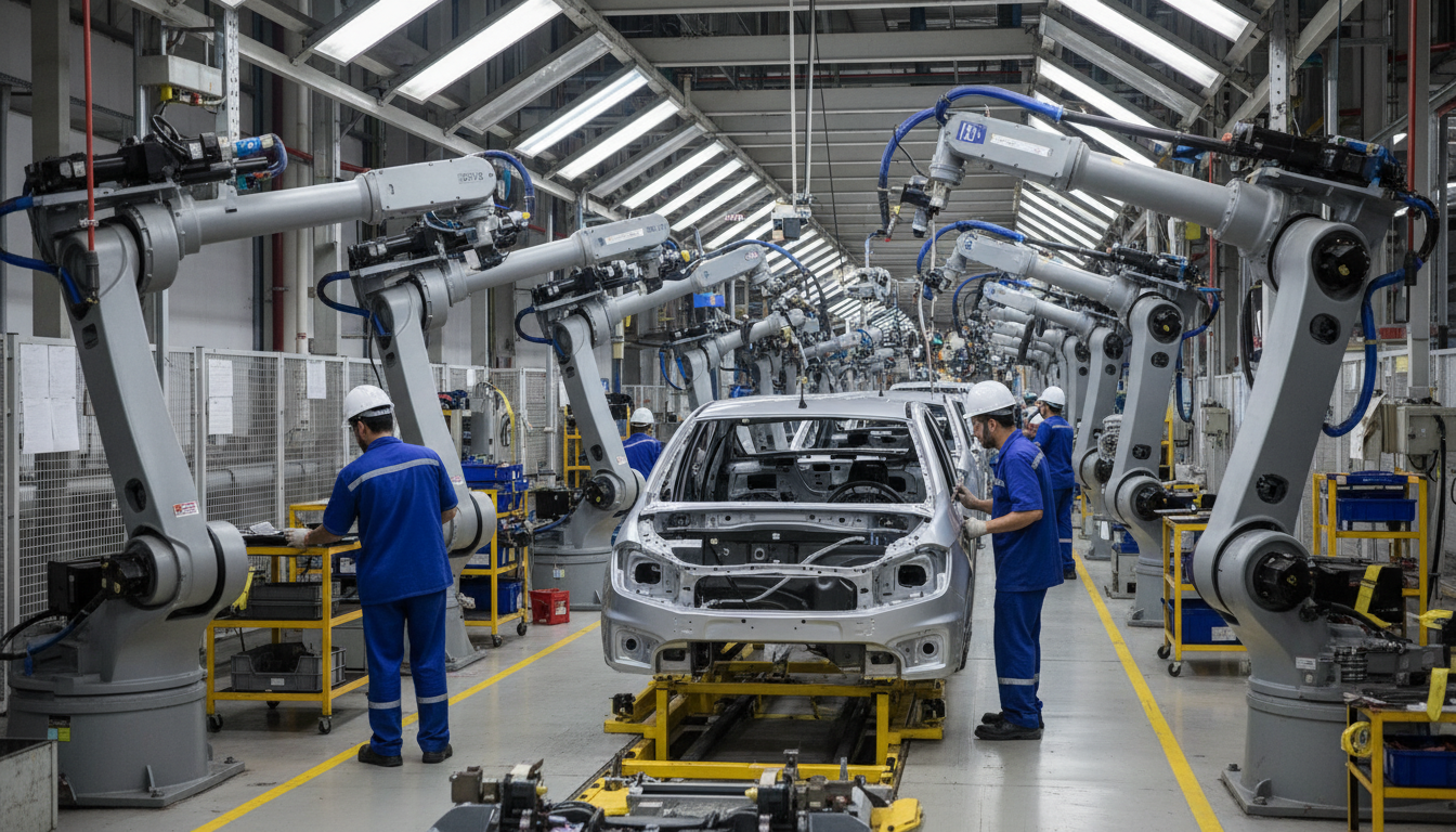 Linha de montagem de veículos no Brasil, mostrando a produção automotiva