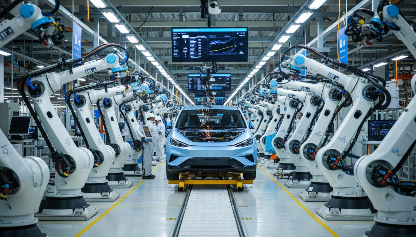 Linha de produção na fábrica da BYD em Camaçari, Bahia