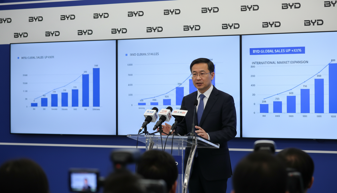 Executivo da BYD apresenta meta de vendas internacionais em coletiva de imprensa em Xangai.