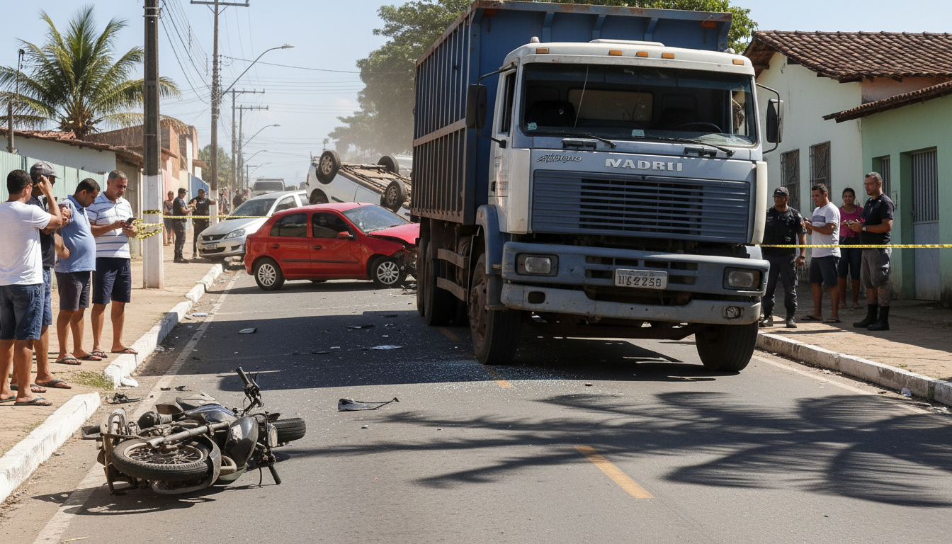 Caminhão desgovernado causa destruição após descer ladeira em João Pessoa, arrastando carros e destruindo moto.