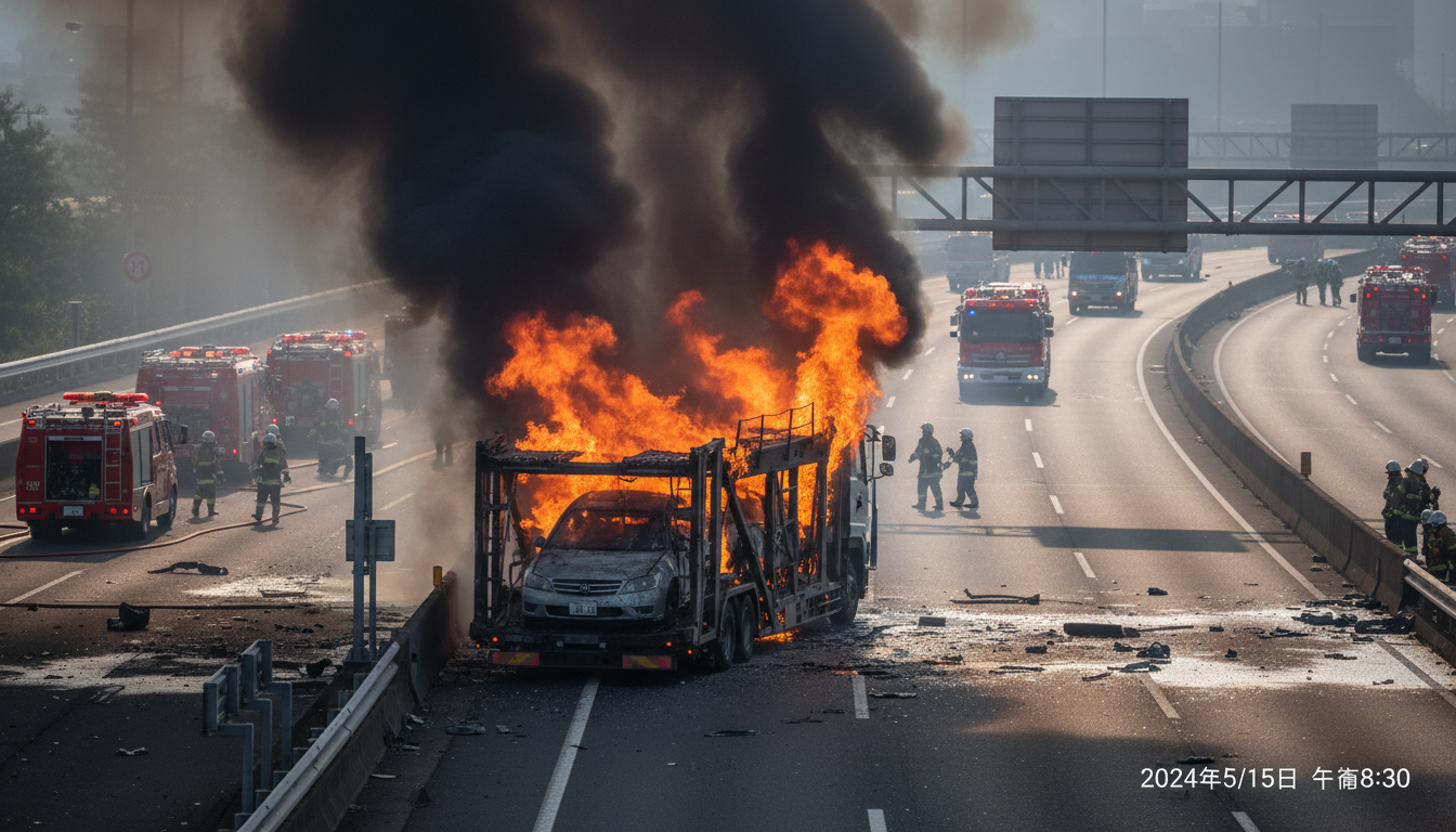Caminhão cegonha em chamas em rodovia expressa