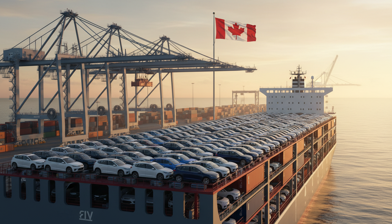 Veículos elétricos chineses sendo descarregados de um navio em um porto canadense.