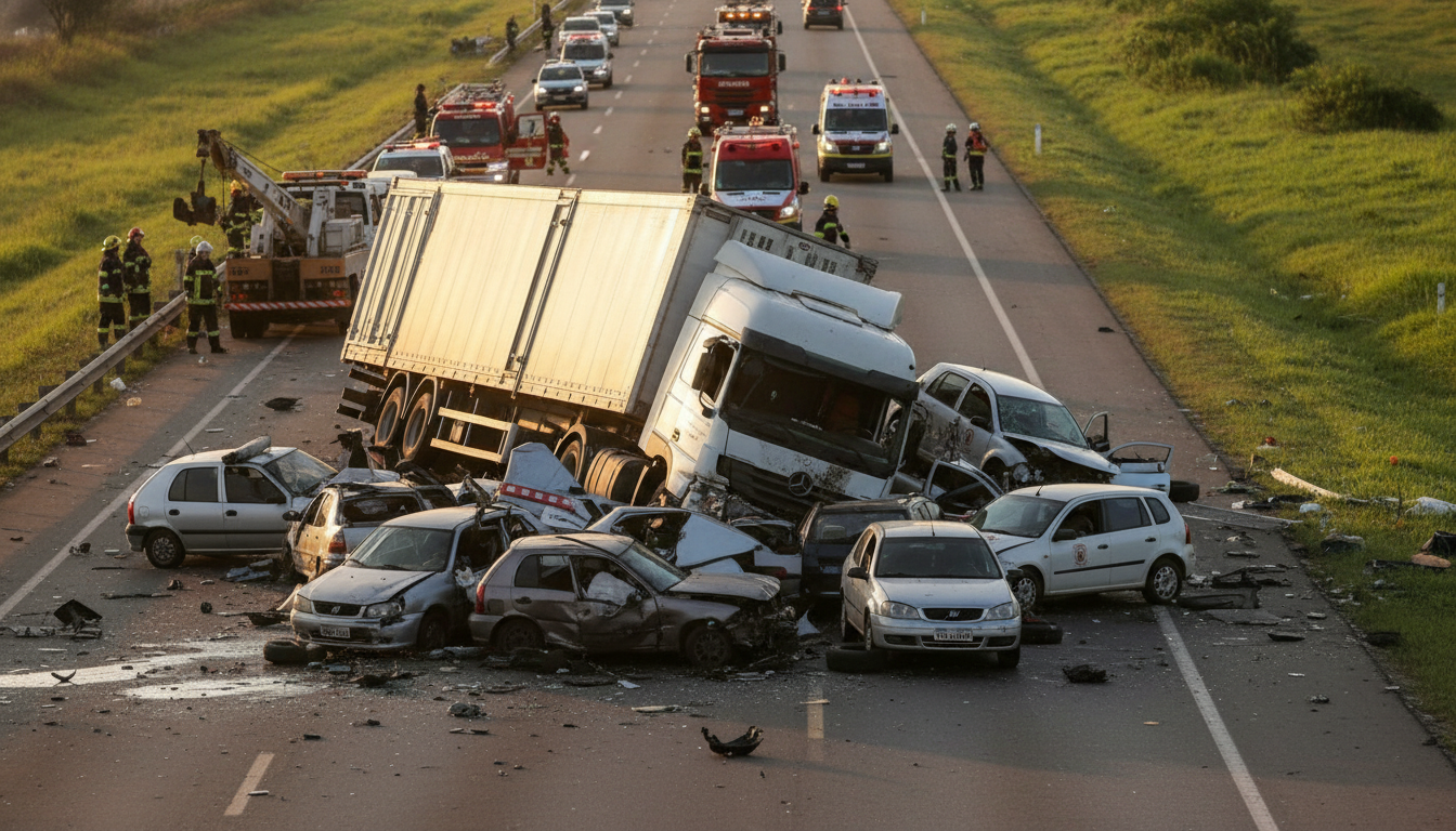Cena de acidente com carreta desgovernada arrastando carros em Chapecó, SC, com equipes de resgate atuando.