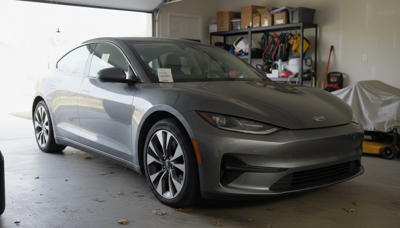 Carro novo e limpo parado em uma garagem residencial, com um raio de sol iluminando parte dele, sugerindo inatividade e custos contínuos.