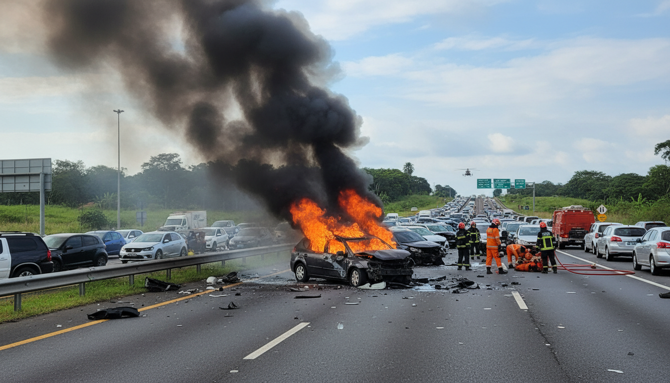 Carro em chamas após engavetamento na BR-101 em Itajaí, Santa Catarina, com longa fila de veículos.
