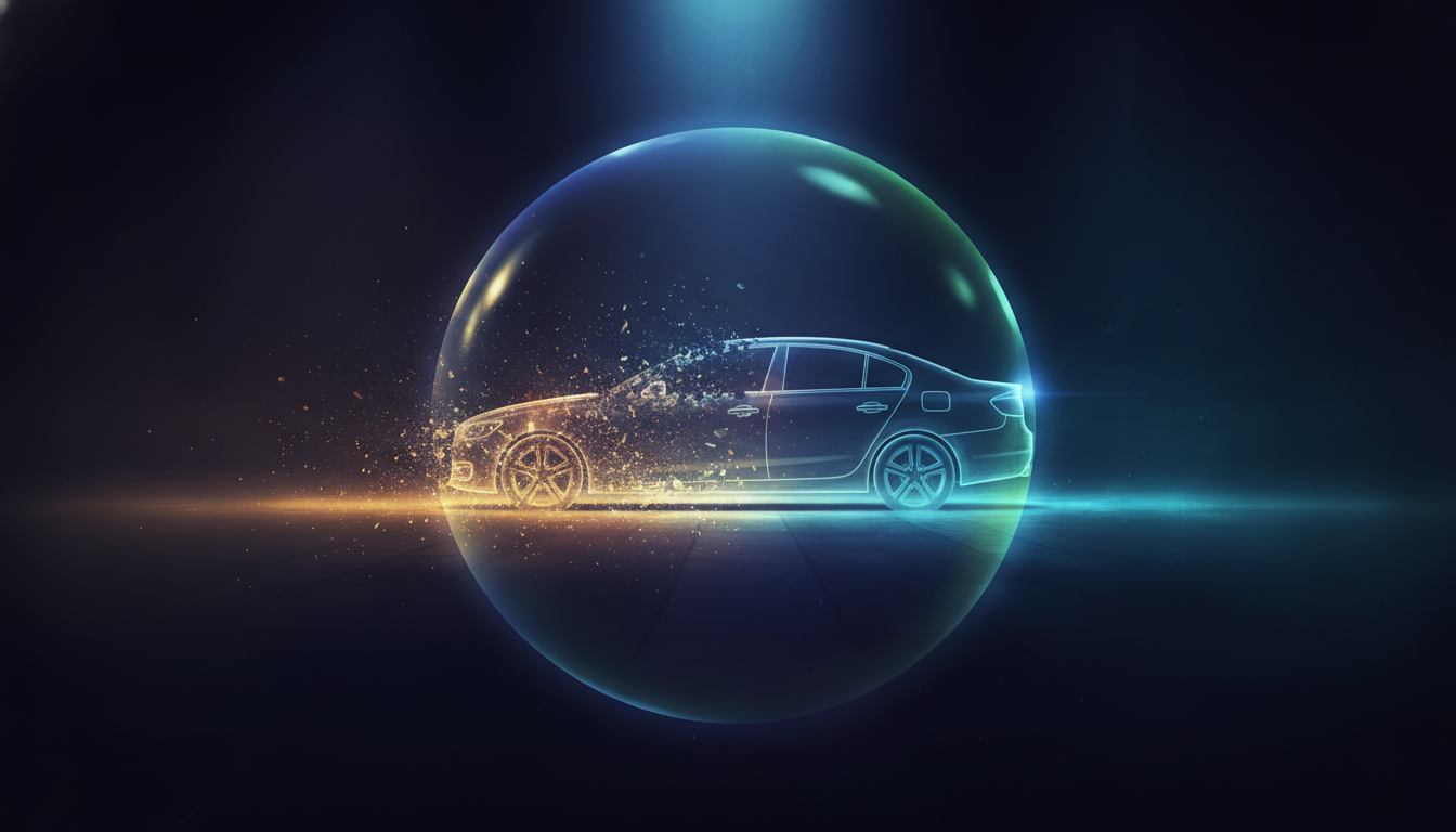 Contorno translúcido de carro desaparecendo em partículas, com escudo protetor ao fundo, ilustrando carro roubado o que fazer.