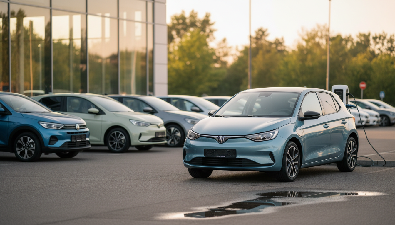 Carros compactos eficientes em concessionária, representando o aumento nas vendas do programa Carro Sustentável.