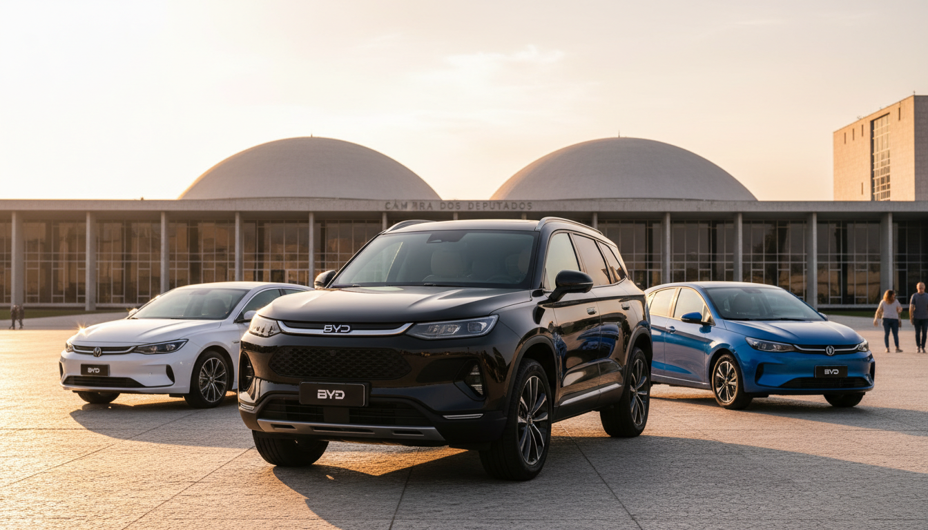 Três carros BYD recebidos em comodato pela Câmara dos Deputados em Brasília.