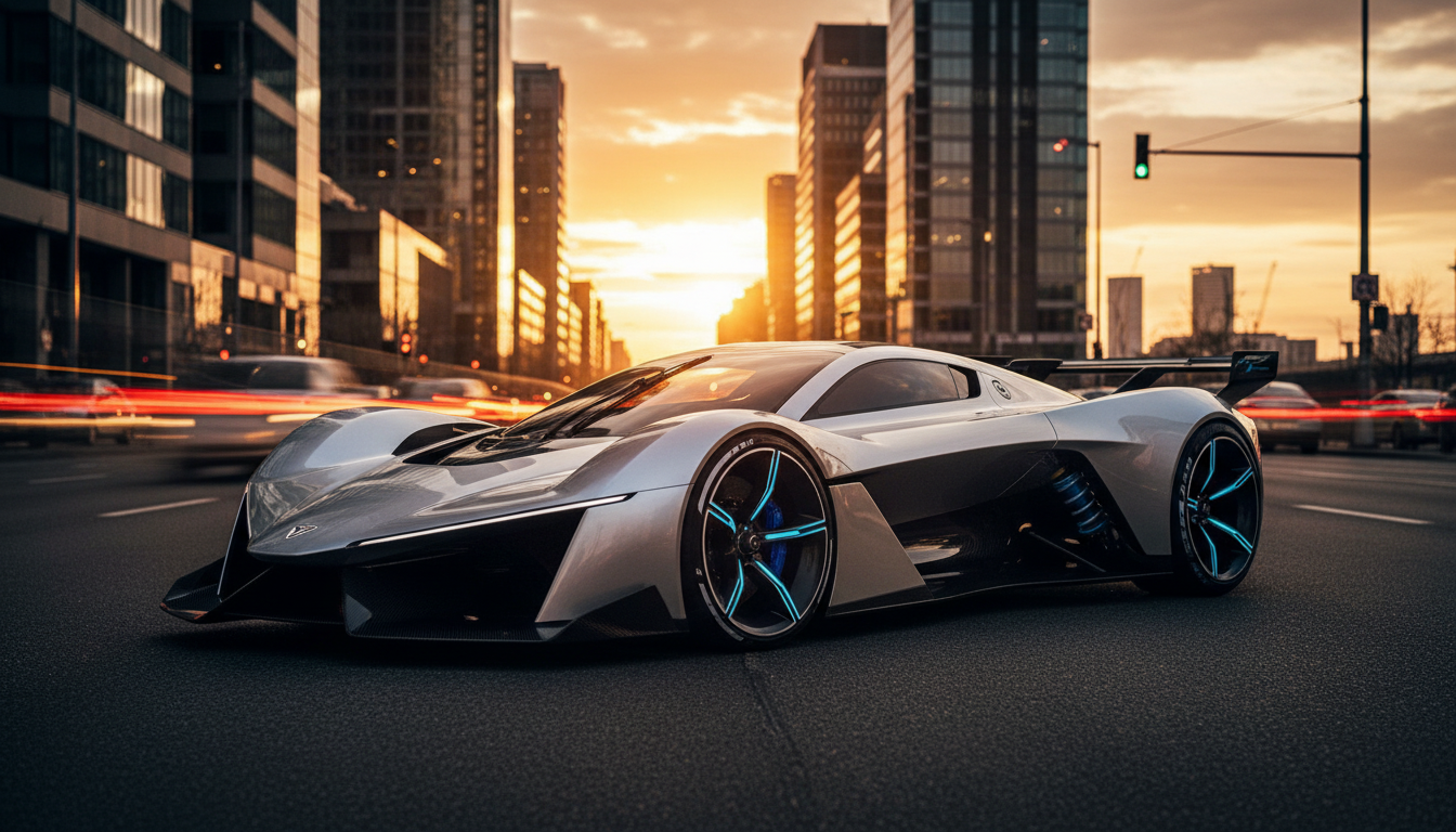 Carro esportivo conceitual com design inspirado na Fórmula 1 em uma rua urbana ao entardecer.