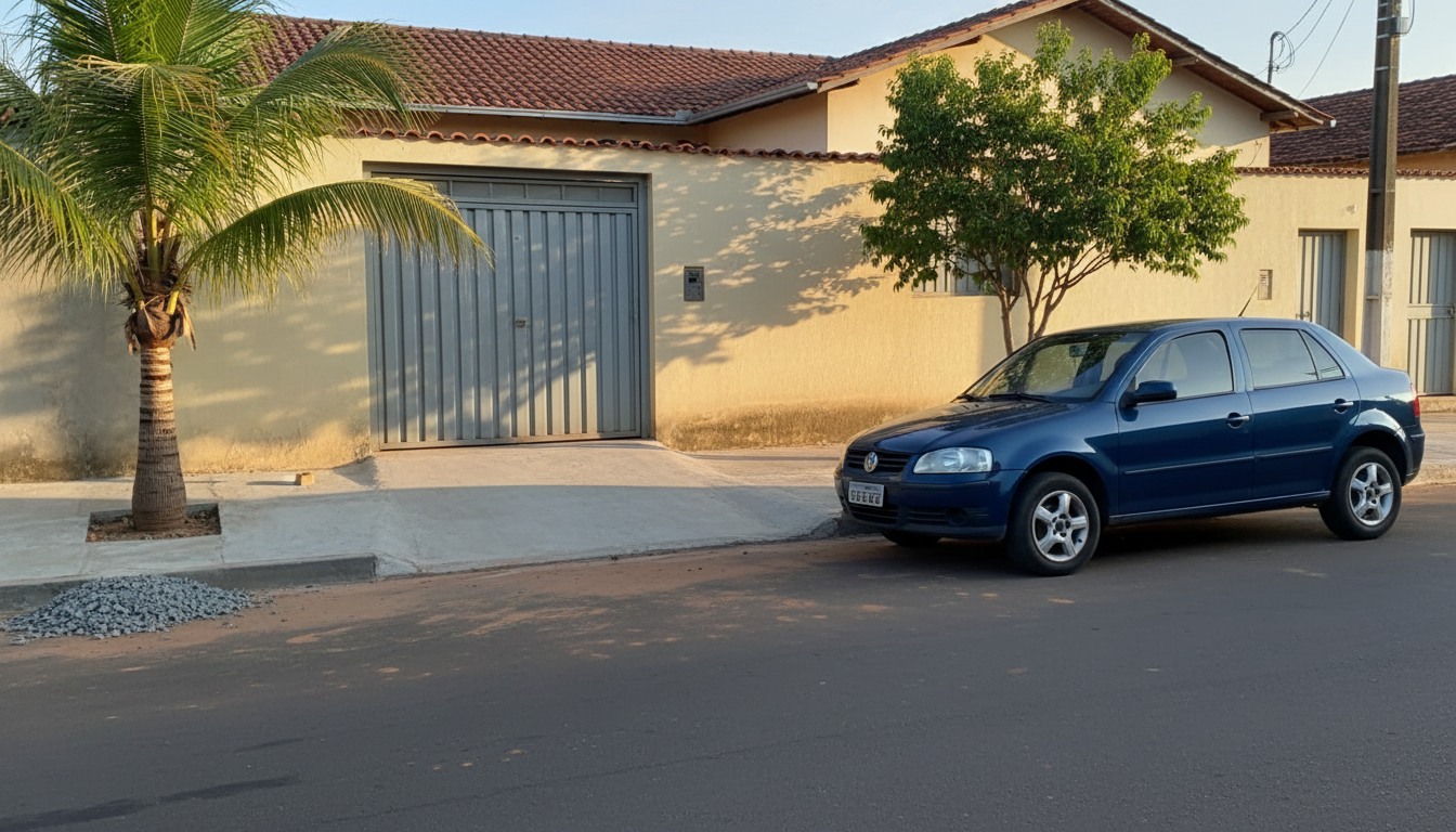 Carro estacionado na rua em frente a uma casa com garagem inacessível devido a uma calçada sem rampa em Campo Grande.