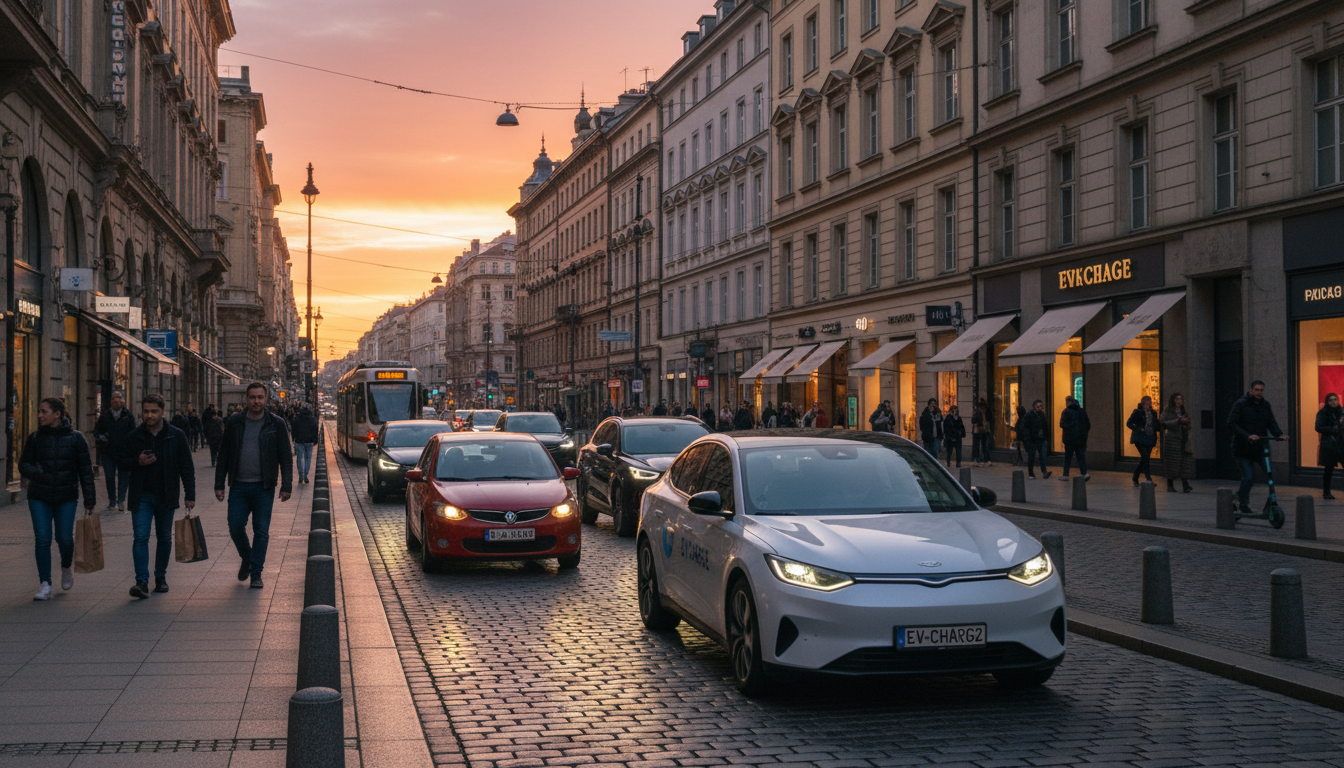 Carros elétricos e a gasolina em uma rua europeia em 2025, simbolizando a transição tecnológica no mercado automotivo.