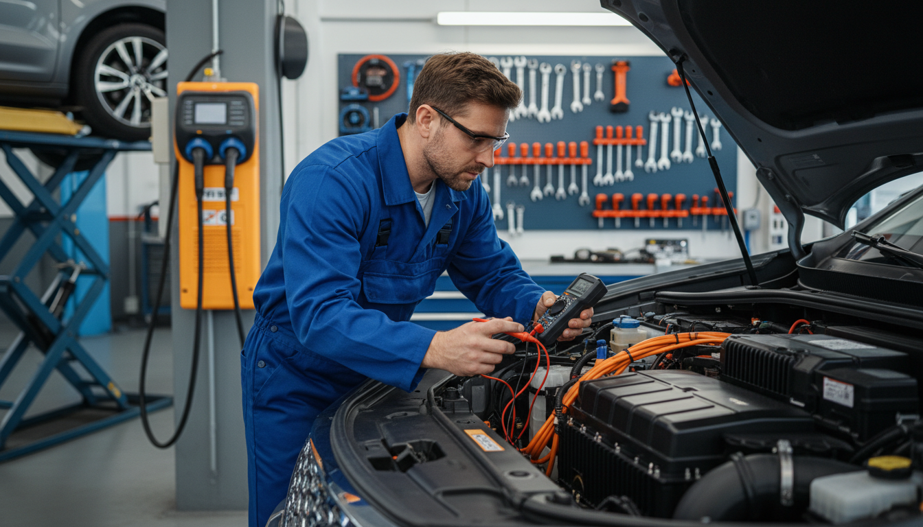 Mecânico inspeciona componente de carro elétrico em oficina especializada.
