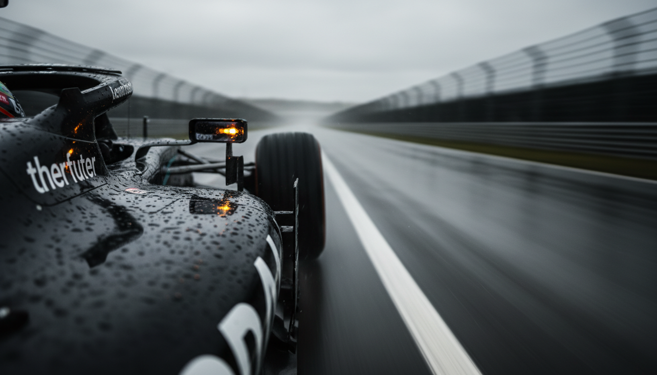 Carro de Fórmula 1 com luzes de alerta amarelas nos retrovisores durante corrida chuvosa.