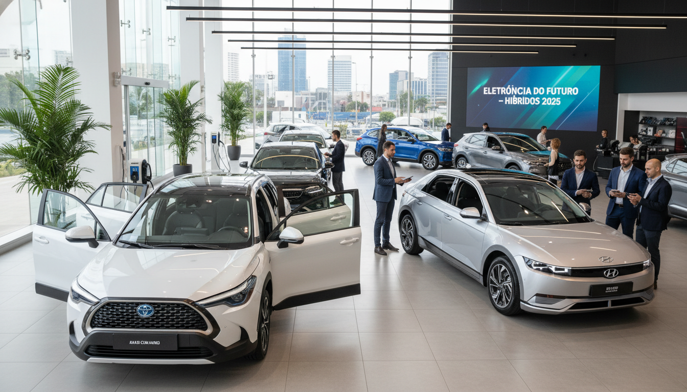Concessionária brasileira com diversos carros híbridos populares em exibição.