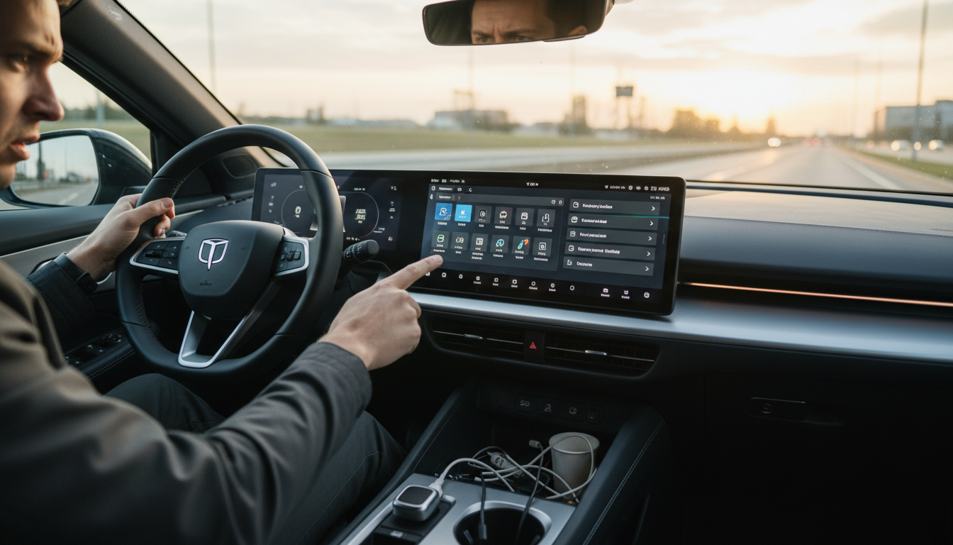 Interior de carro com tela grande e poucos botões físicos, transmitindo a ideia de minimalismo excessivo.