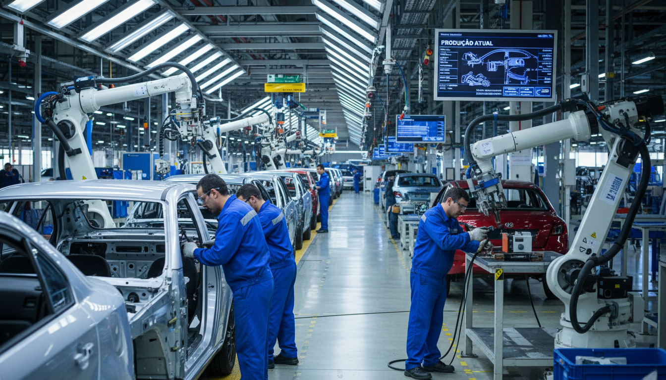 Linha de montagem de carros em fábrica brasileira com trabalhadores e robôs.