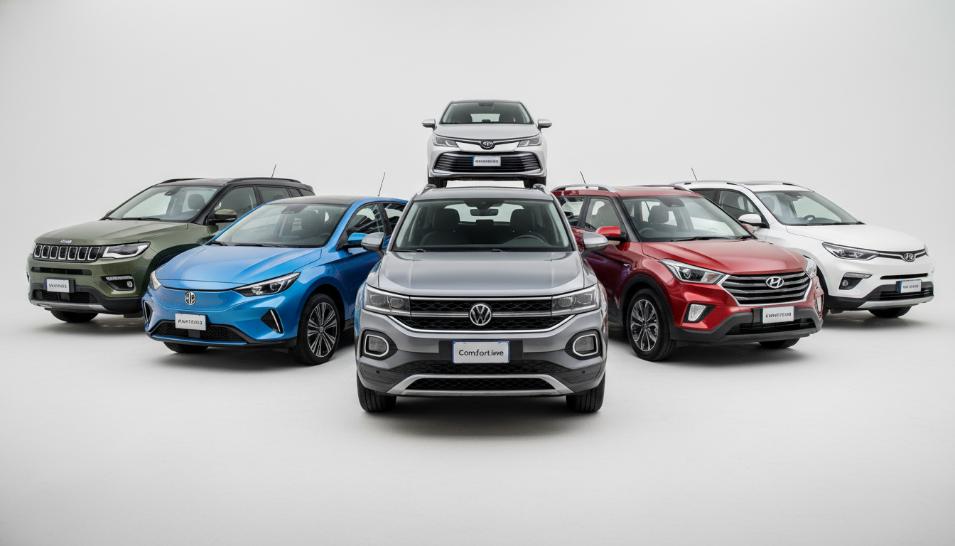 Cinco carros de diferentes marcas e segmentos alinhados, comparando opções ao preço do Volkswagen Taos Comfortline 2026.