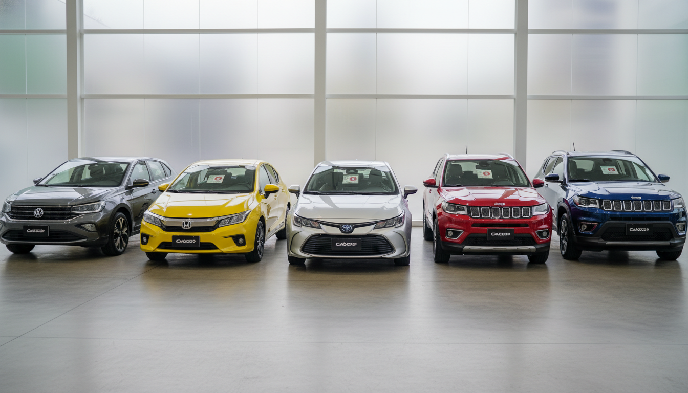 Cinco carros seminovos com piloto automático adaptativo expostos em concessionária.