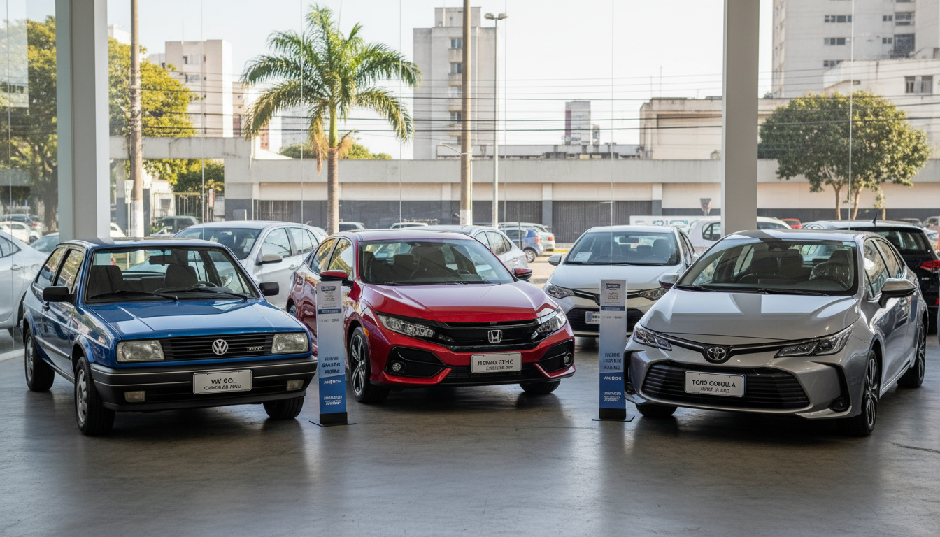 Seleção de carros usados premiados como Carro do Ano, incluindo modelos como Volkswagen Gol, Ford Ka, Honda Civic, Jeep Renegade, Toyota Corolla e BYD Dolphin.