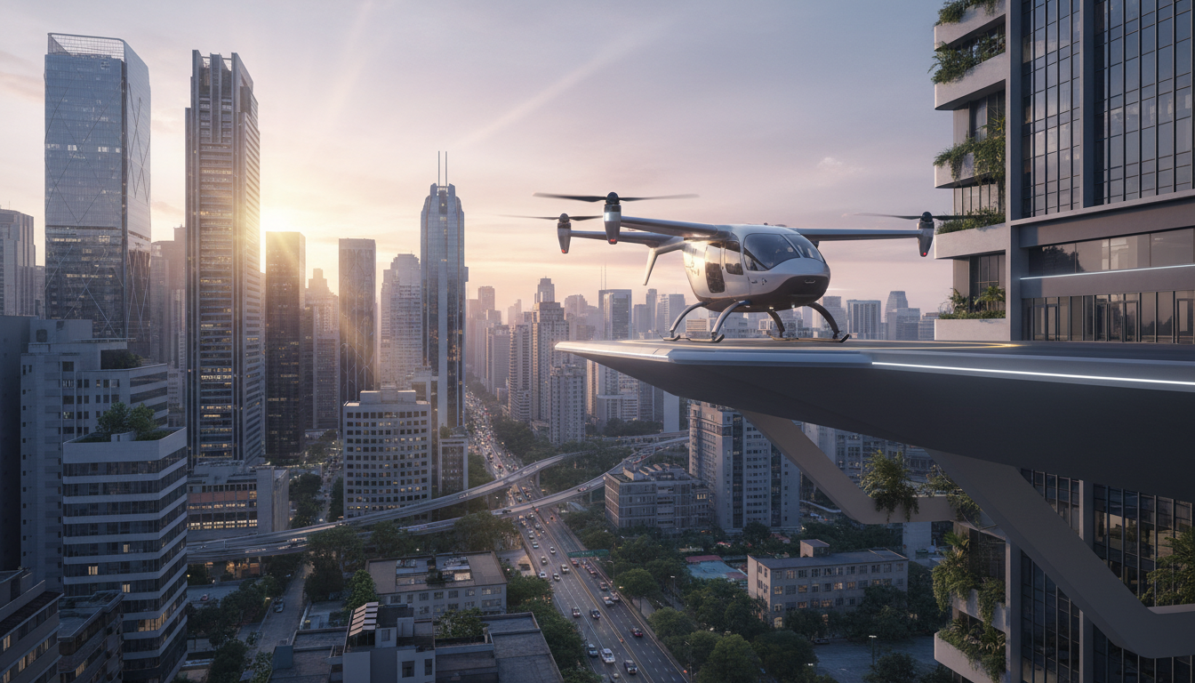 eVTOL pousando em vertiporto futurista em São Paulo