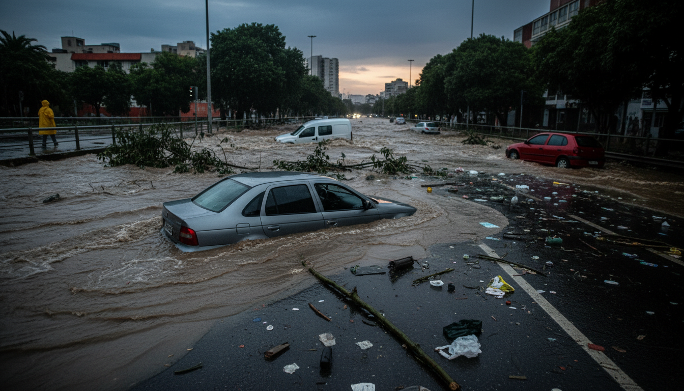 Carro submerso em córrego alagado na zona sul de São Paulo após forte chuva.