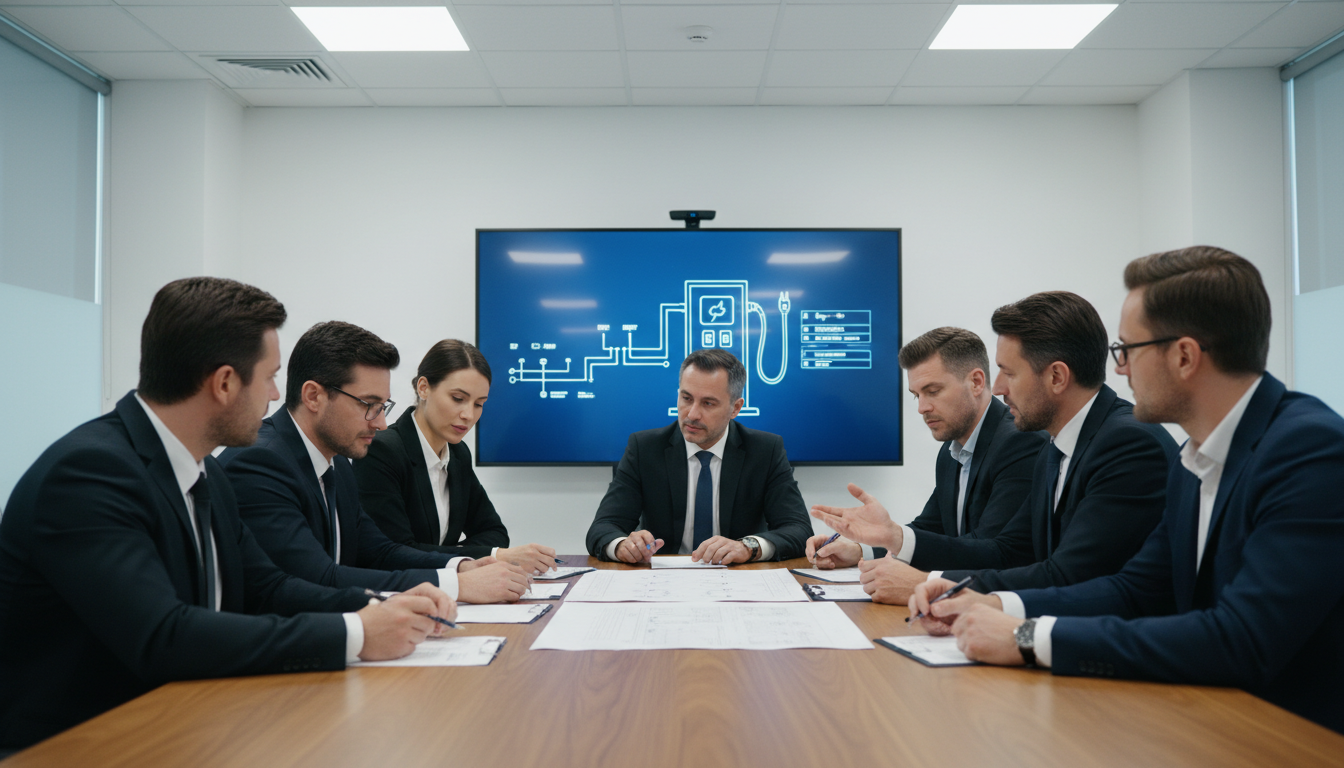 Reunião do Grupo de Trabalho do CFT discutindo regulamentação para técnicos em estações de carregamento de carros elétricos.
