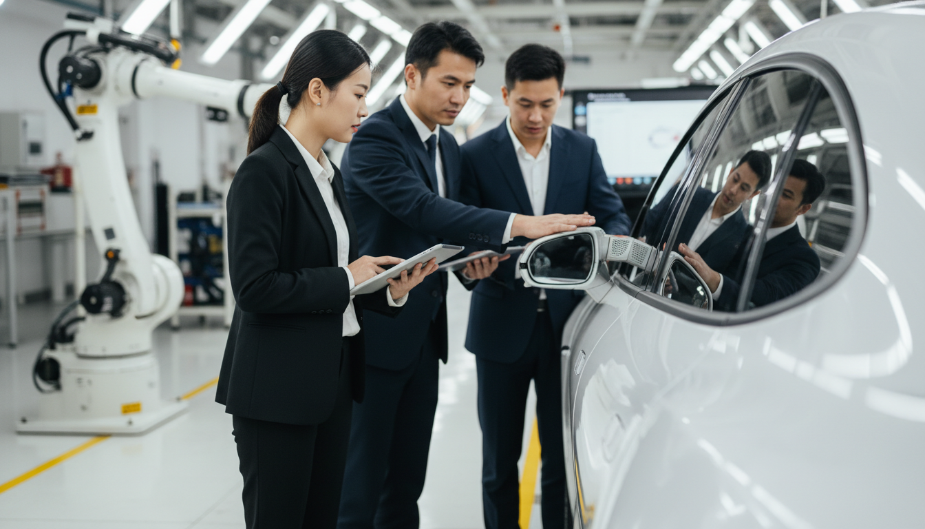 Engenheiros inspecionam maçanetas retráteis em linha de produção de carros elétricos na China