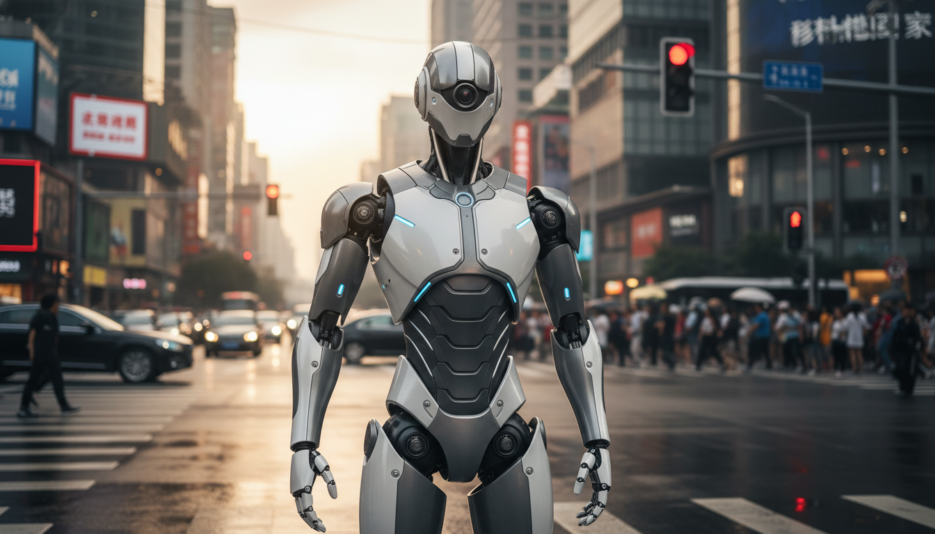 Robô humanoide com inteligência artificial controlando o trânsito em um cruzamento chinês.