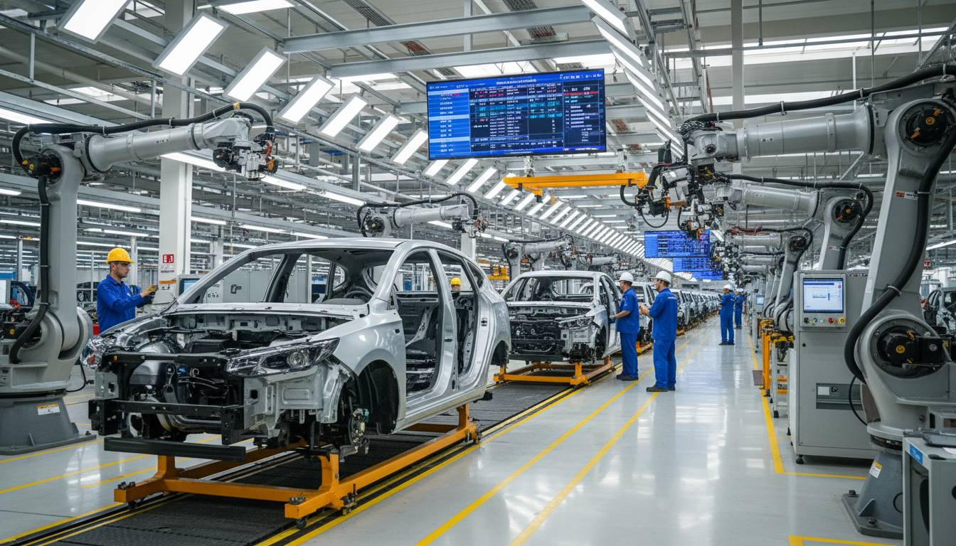 Fábrica da GAC Motor no Brasil com linha de montagem de carros elétricos.