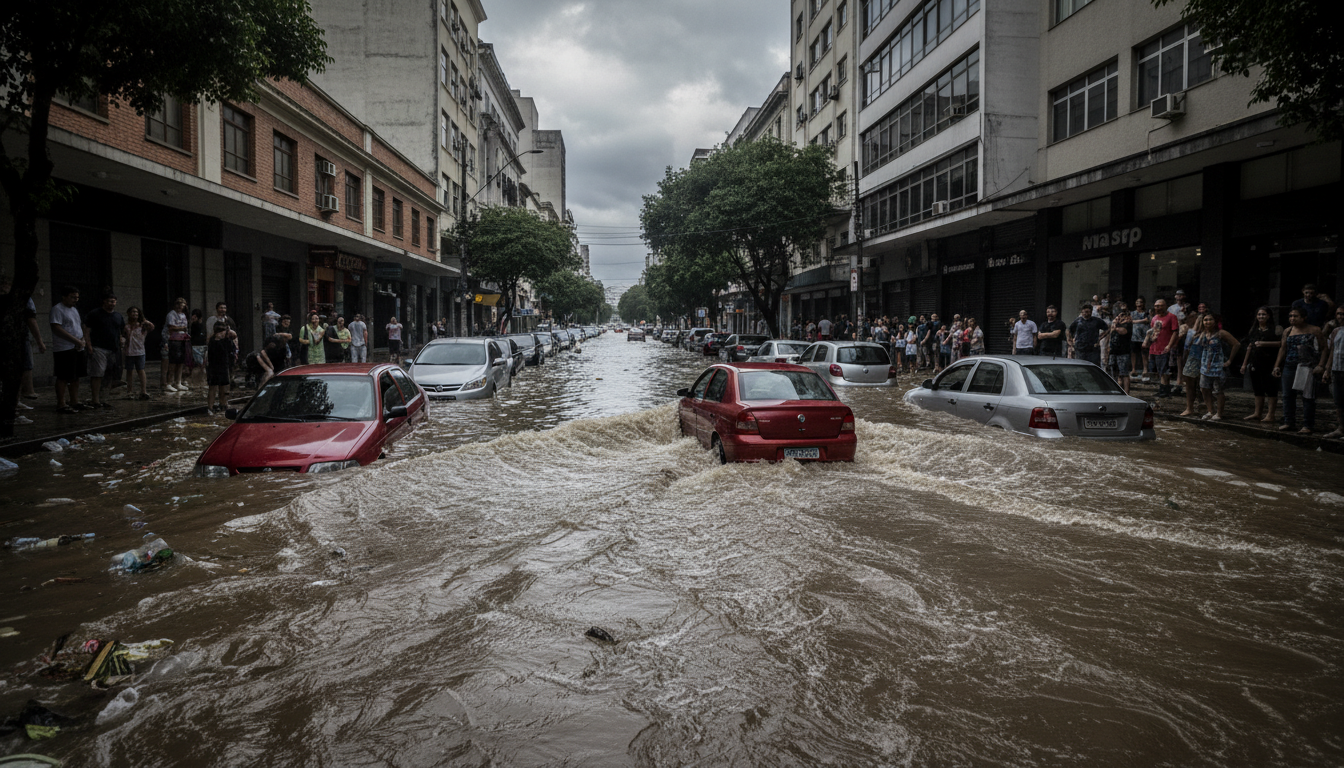 Rua alagada em São Paulo com carros submersos e sendo arrastados pela enxurrada.
