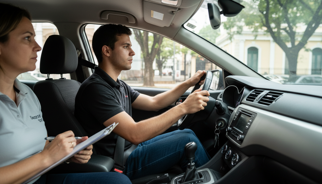 Candidato à CNH realizando prova prática em carro automático em São Paulo, com examinador ao lado.