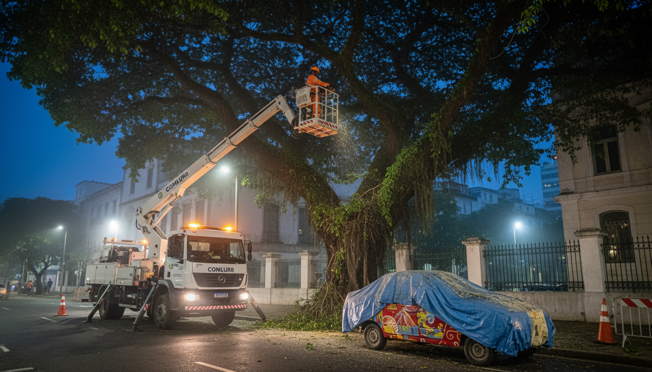 Equipe da Comlurb realiza poda preventiva em árvore para o carnaval