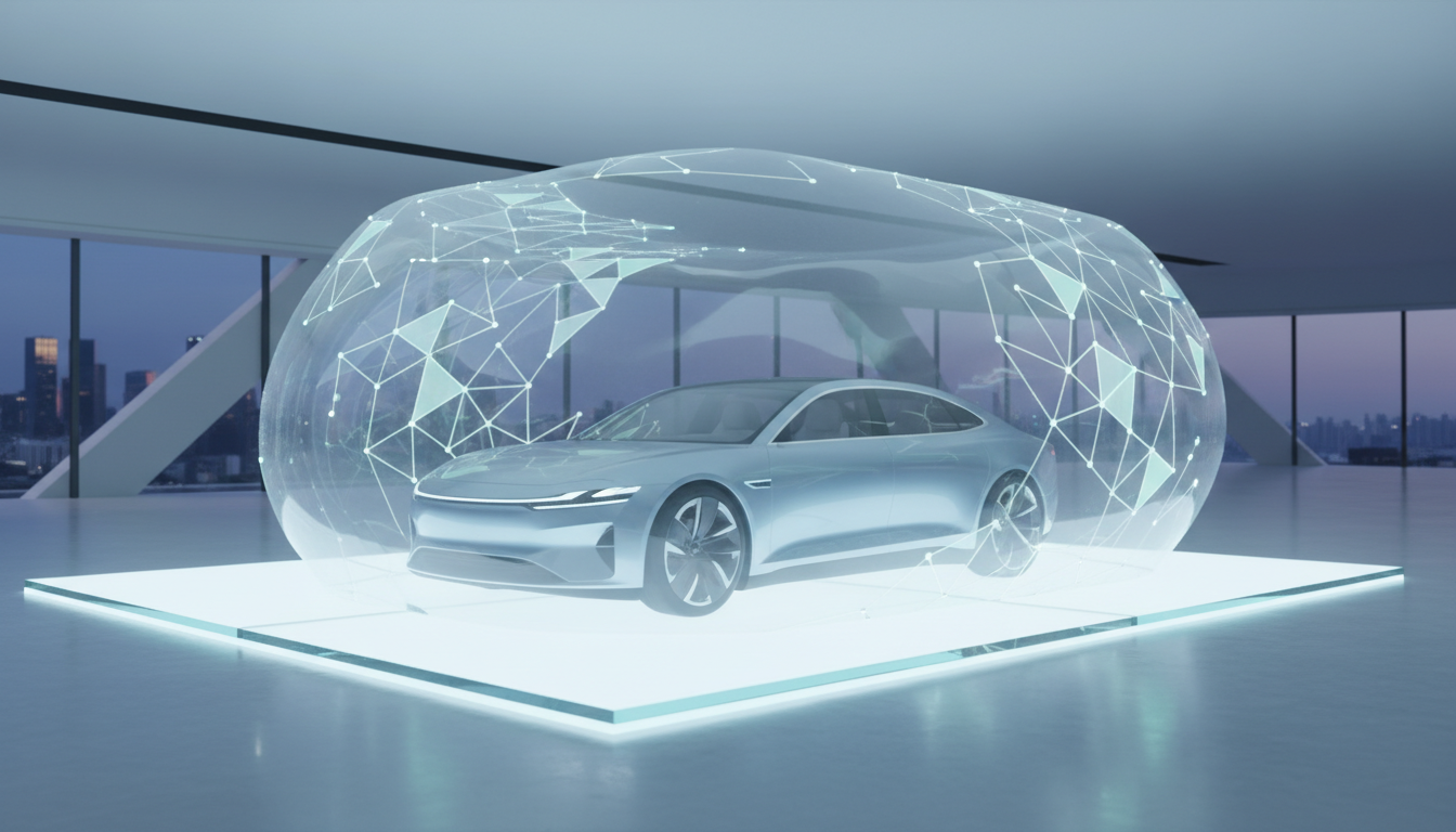 Ilustração visual de um carro moderno envolto em um escudo protetor e formas interconectadas, simbolizando segurança e comunidade, sobre como funciona a associação de proteção veicular.