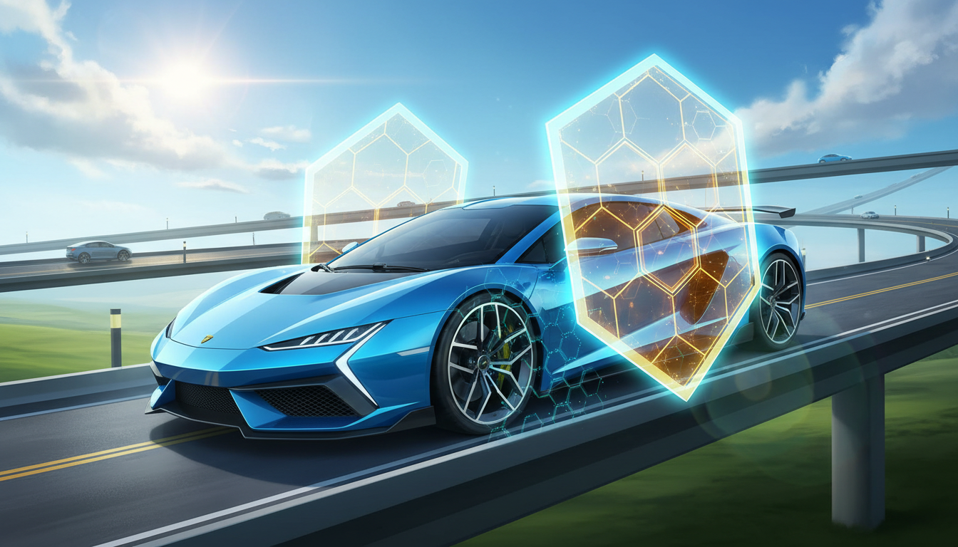 Carro protegido por escudo brilhante simbolizando proteção veicular.