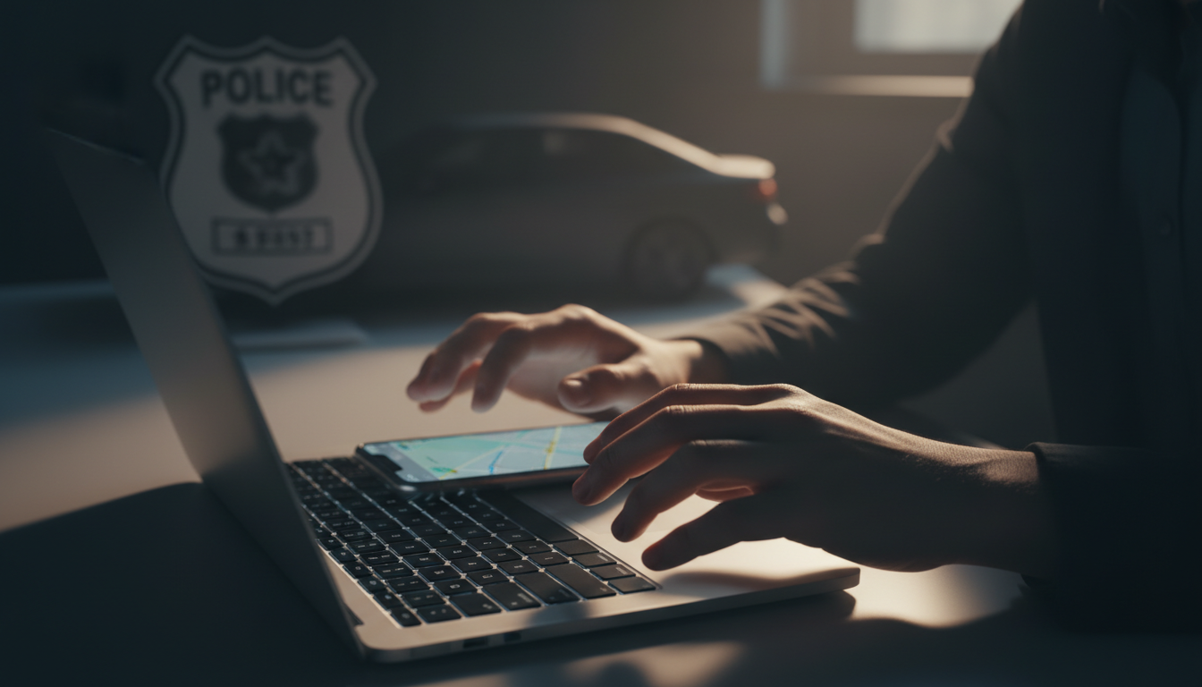 Mãos digitando em um laptop ou smartphone, com um distintivo policial e um carro embaçados ao fundo, representando o processo de registrar um boletim de ocorrência de roubo de veículo online.