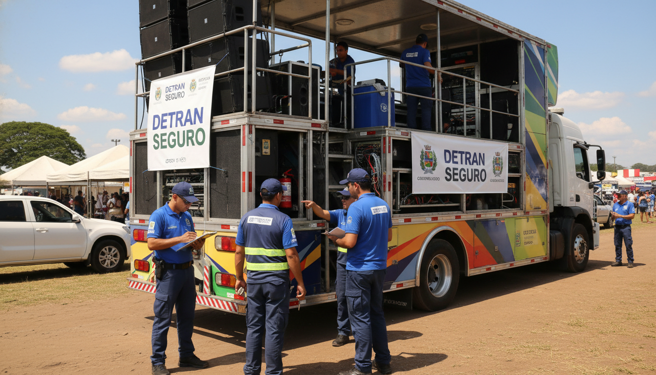 Agentes do Detran e órgãos estaduais fiscalizam trio elétrico para o Carnaval 2026.