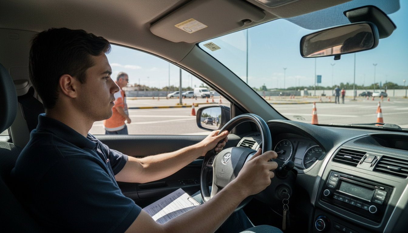 Candidato à CNH dirige carro automático em exame prático do Detran-SP.