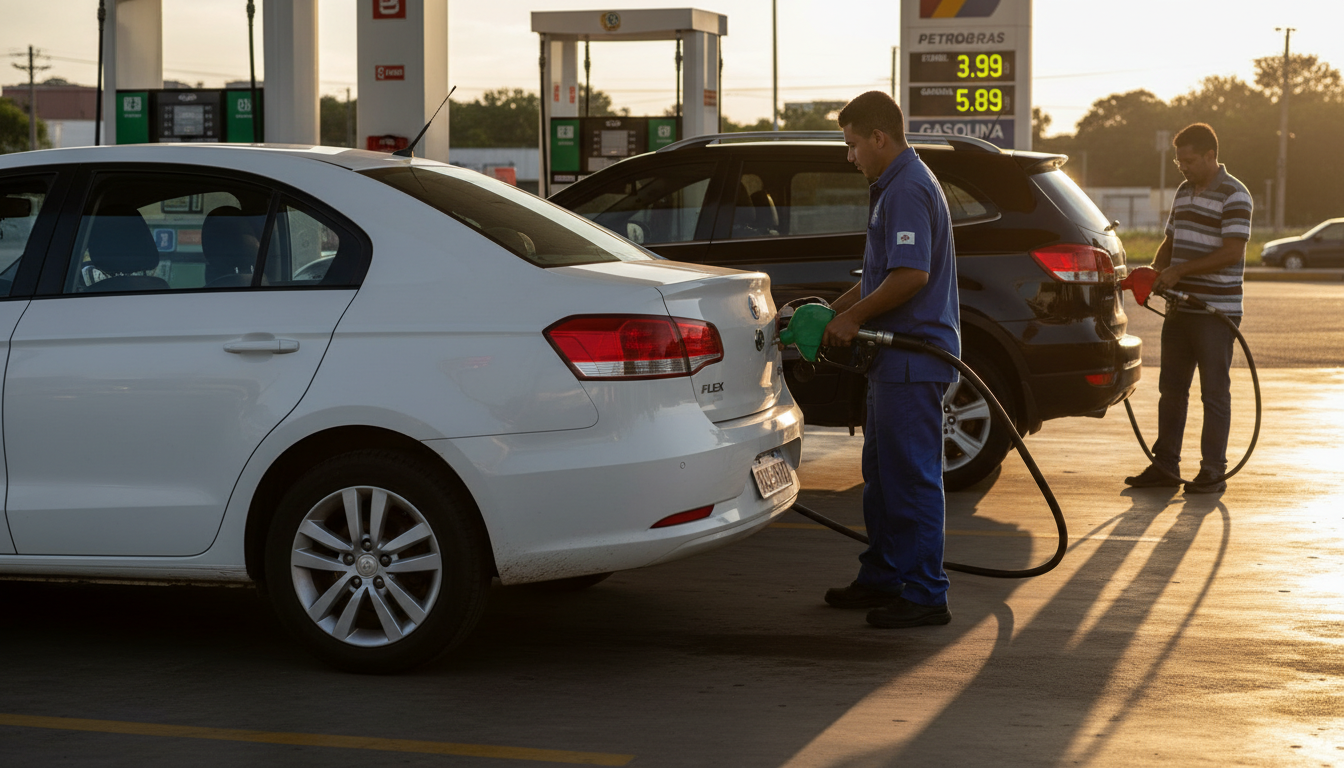 Carro flex sendo abastecido com etanol em um posto de gasolina no Brasil.