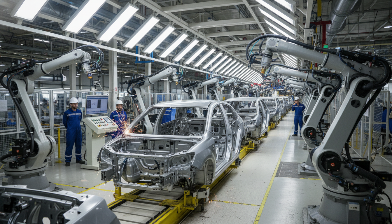 Linha de montagem de fábrica de carros no Rio de Janeiro com robôs e operários.