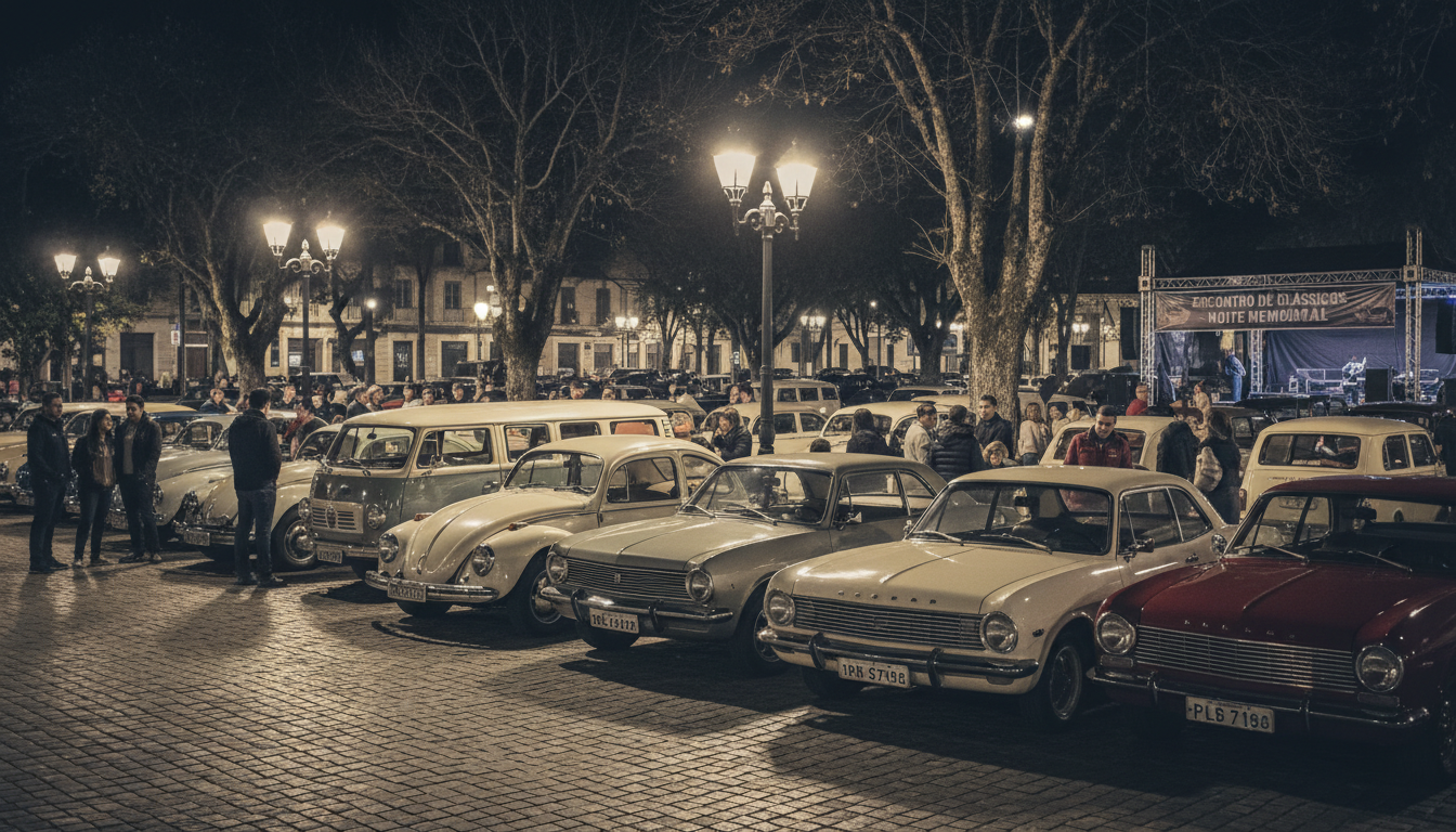 Exposição de carros antigos em praça pública durante evento comemorativo