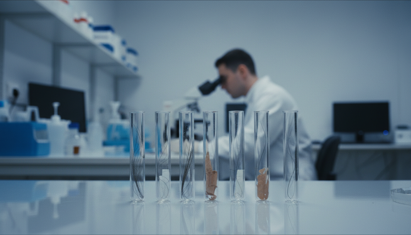 Laboratório de exame toxicológico com amostras biológicas e equipamentos de análise